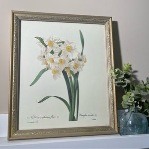 vintage elegant white floral print in vintage gold frame, COMES FRAMED, 10x12